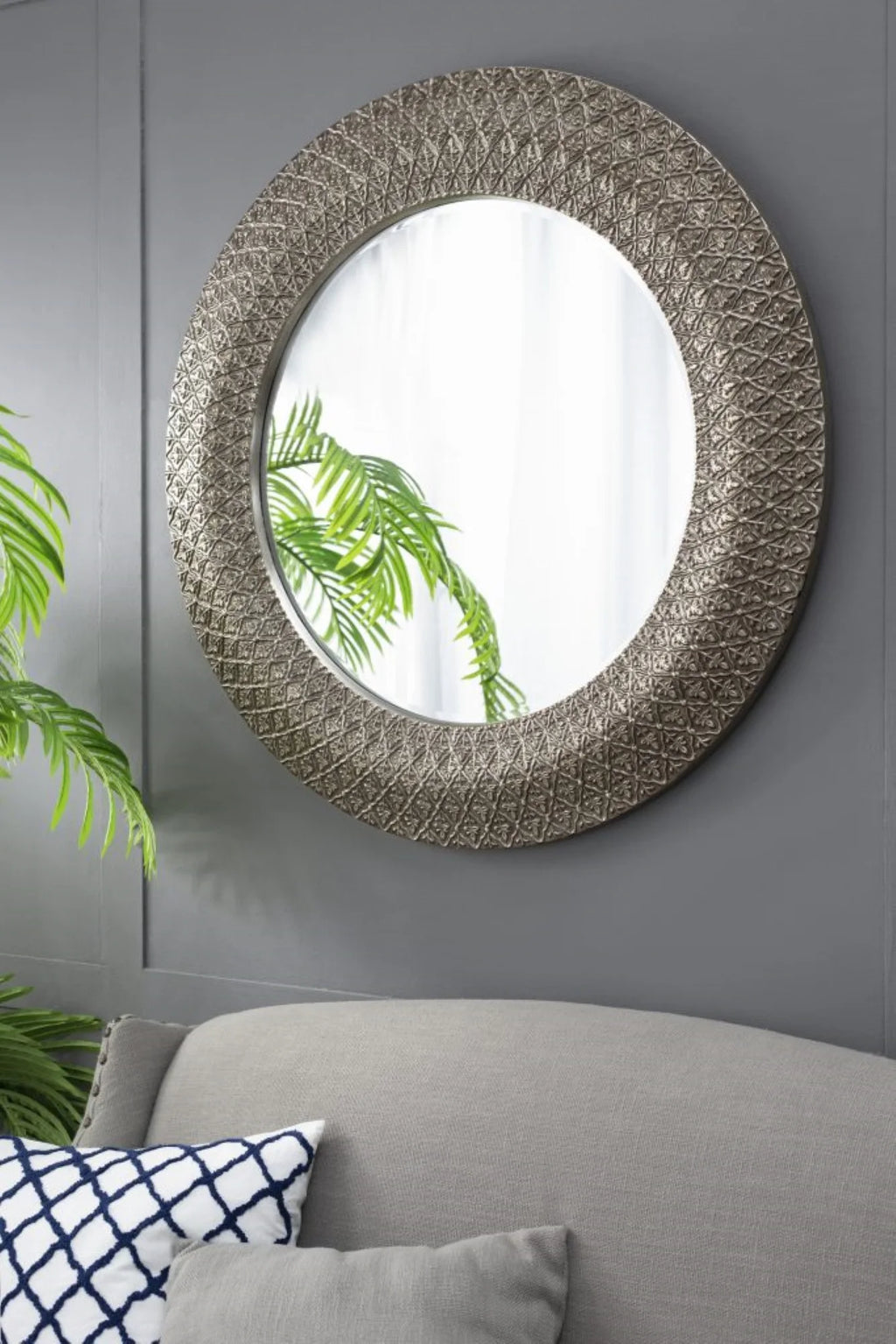 Large Round Wall Mirror with 3D Sculpted Wide Frame B9692