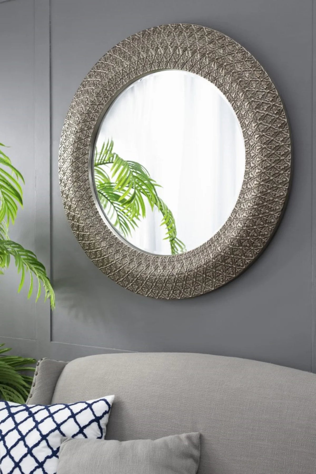 Large Round Wall Mirror with 3D Sculpted Wide Frame B9692