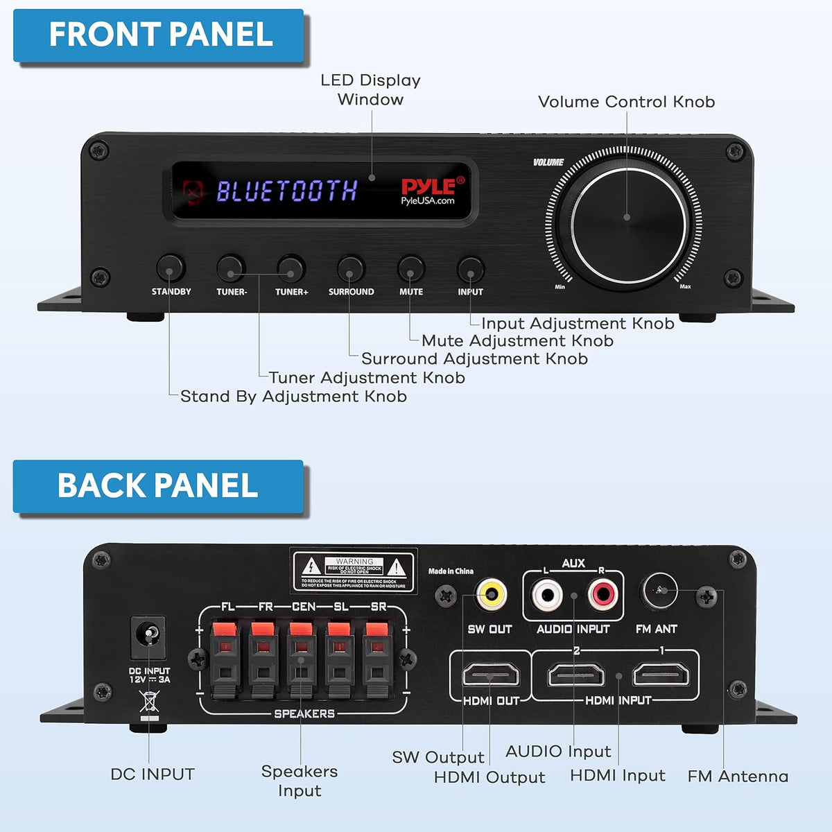 100W 5 Channel Bluetooth Home Theater Stereo Receiver D174