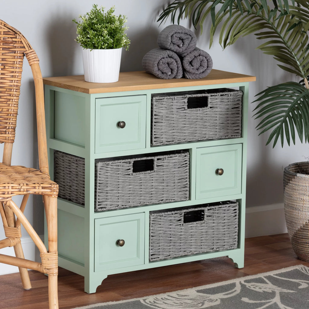 Oak Brown and Mint Green Wood 3-Drawer Storage Unit with Baskets H33711